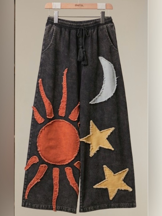 mello Pants - Black Washed Light Weight Denim Pants with Sun, Moon & Stars Appliqué
